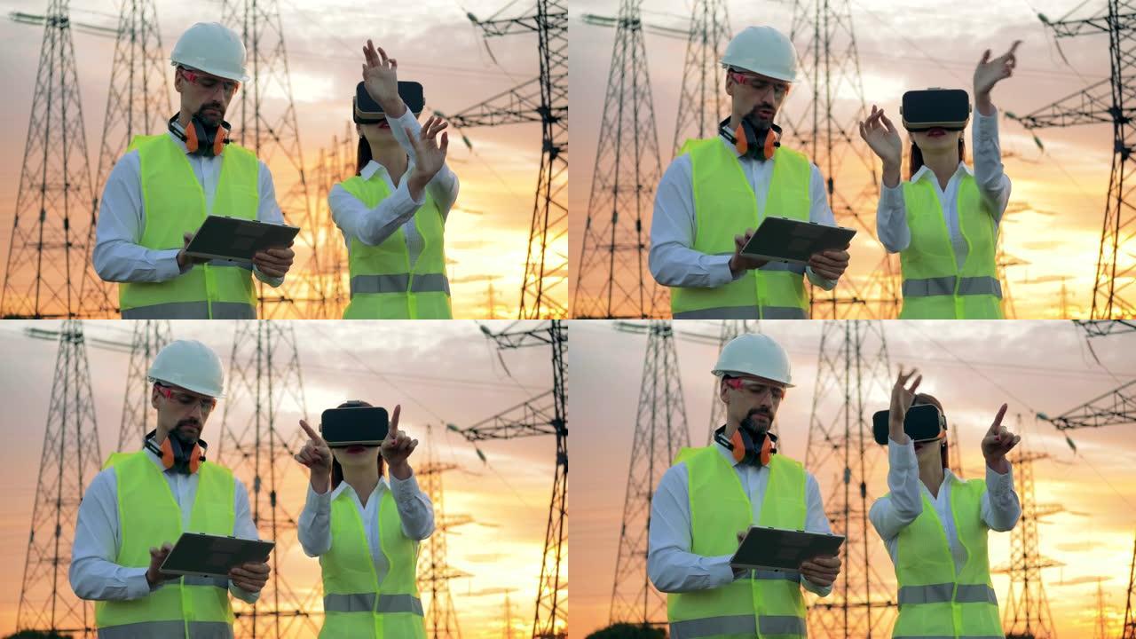工程师在电力线附近使用未来派3D VR眼镜。增强现实概念。