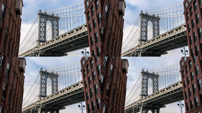 小飞象视点的4k时间流逝，可以看到美国纽约市的曼哈顿桥与旧砖砌建筑，市中心的天际线，具有旅游概念的建