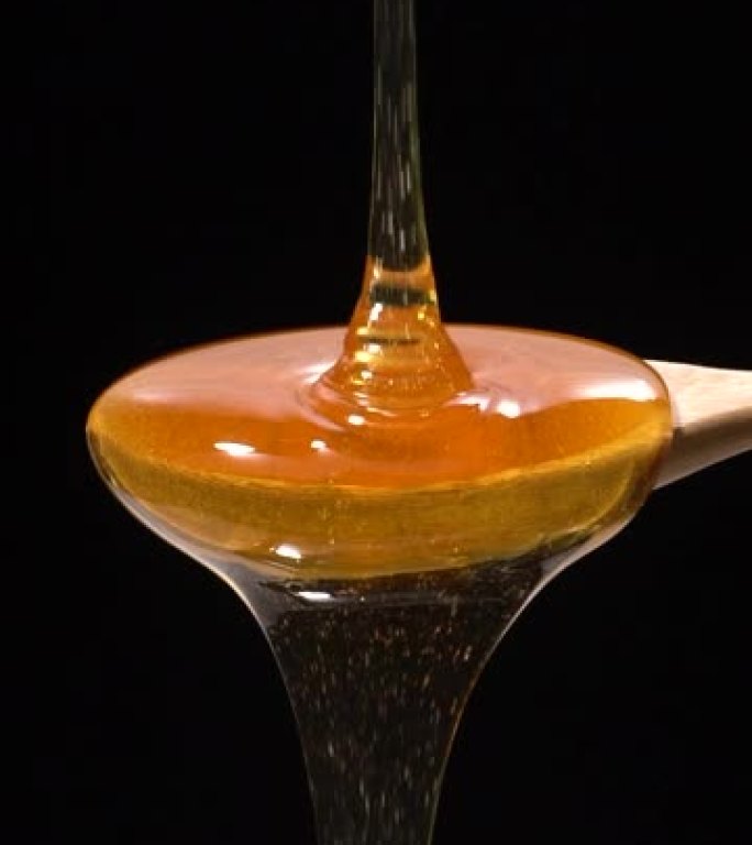 (慢动作和垂直) 从木勺上掉下来的蜂蜜