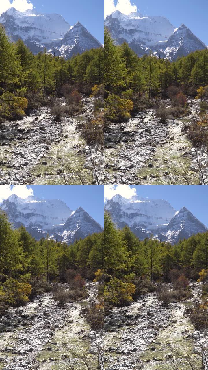 垂直射击; 中国亚丁自然保护区白雪山的河流。