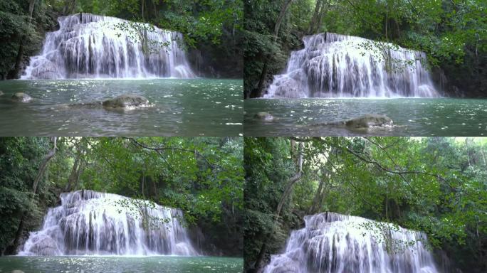 4K，泰国北碧府四面佛瀑布美丽的瀑布景观