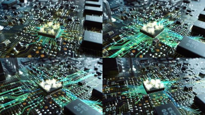 光主题可视化电路板CPU处理器开始数字化过程和信息计算，处理数据的位。计算机图形学、特殊视觉效果、动