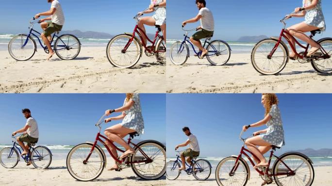阳光明媚的一天，情侣在海滩骑自行车4k
