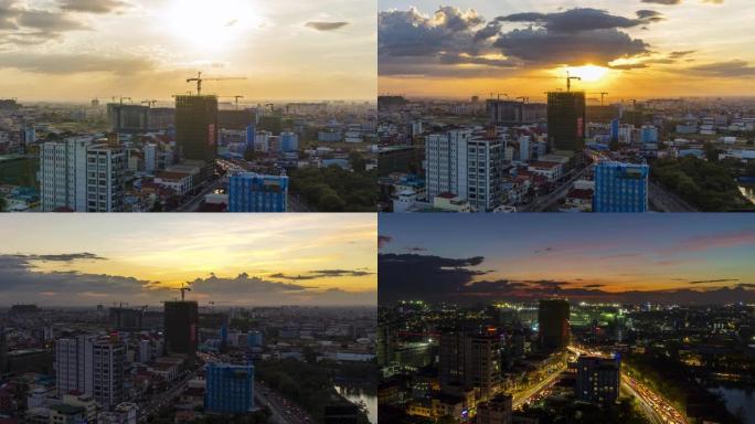 日落和傍晚的天空中建筑工地的延时天际线俯视图，交通拥挤。发展工业和增长概念。