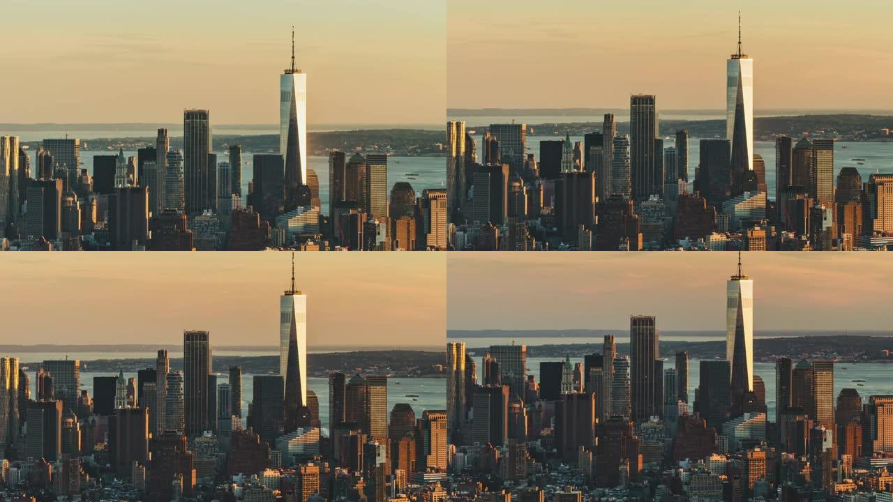 纽约市日落时曼哈顿市中心的T/L MS TD鸟瞰图