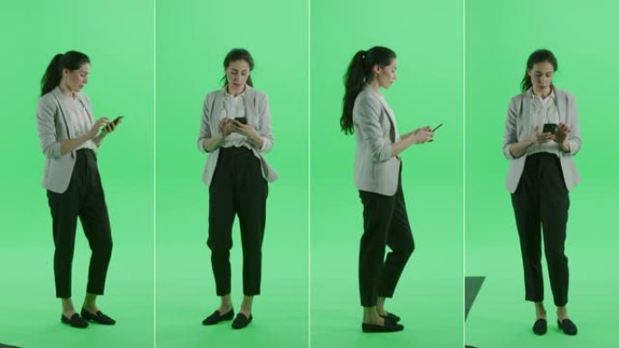 4合1分割绿屏拼贴: 穿着卷起袖子夹克的时尚美女使用智能手机。多个角度分开拍摄。多重分屏色度键