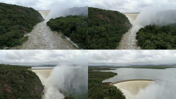 从南非Roodeplaat大坝涌入pienars河的4k俯仰鸟瞰图