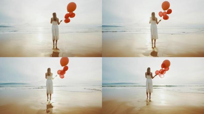 红色气球的幸福女人