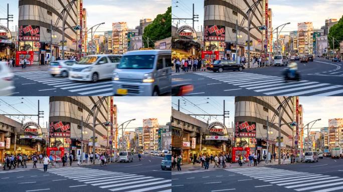 在日本上野的Ameya横町市场平移TL人穿过街道和交通。