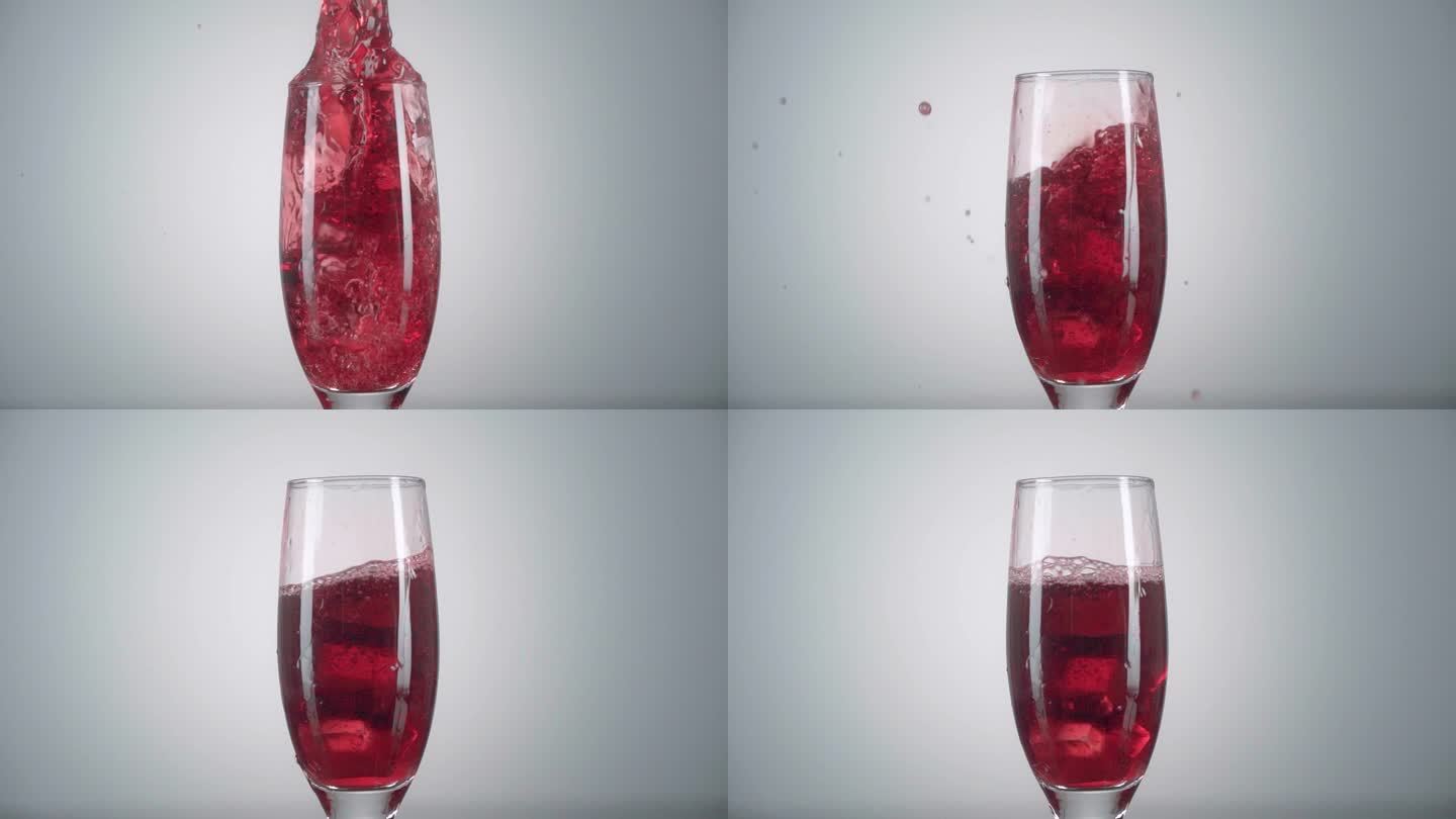 冰红冰酒葡萄酒冰块落杯激起水花水波纹升格