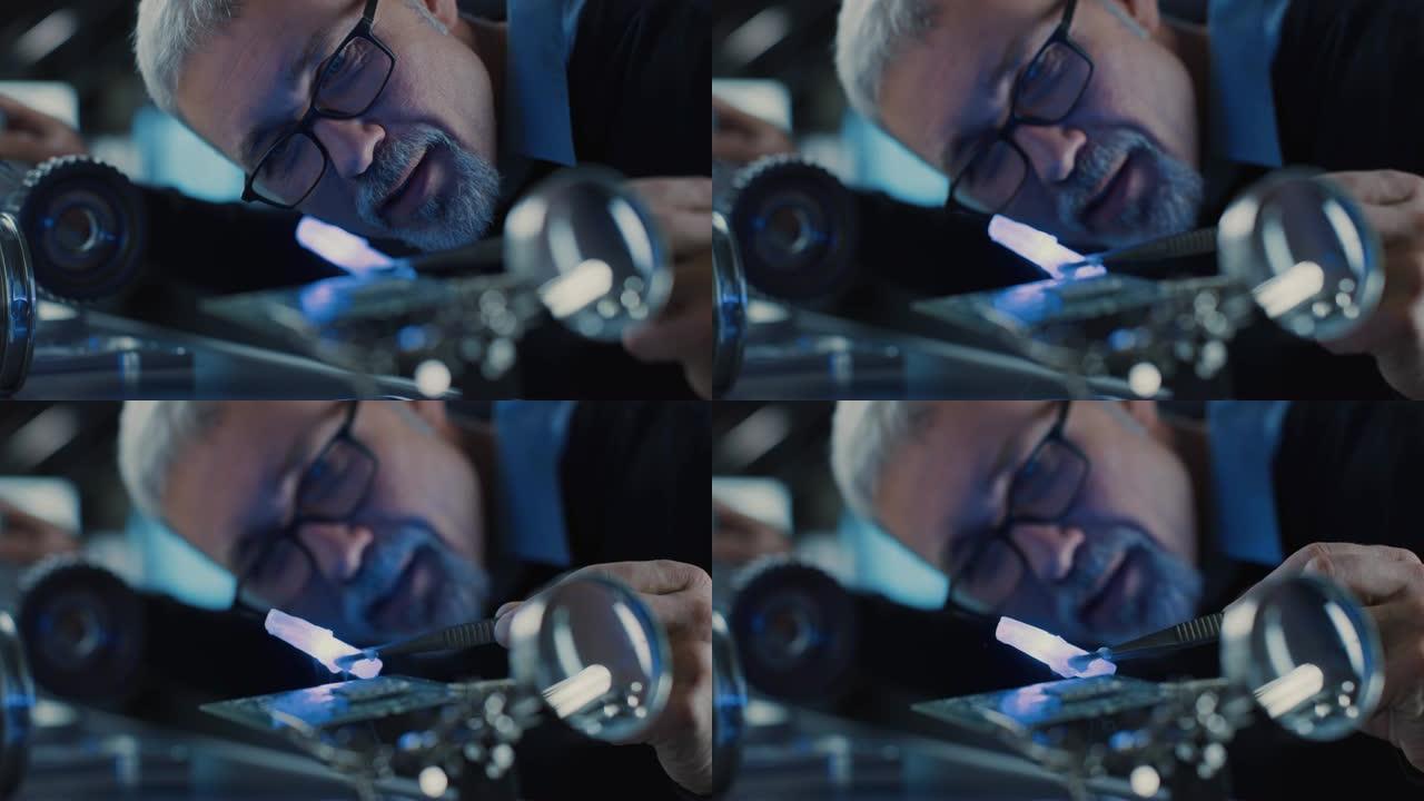 聚焦中年工程师的特写肖像，在眼镜中使用高精度激光设备，使用透镜和光学器件进行精密电子设备。测试超导体