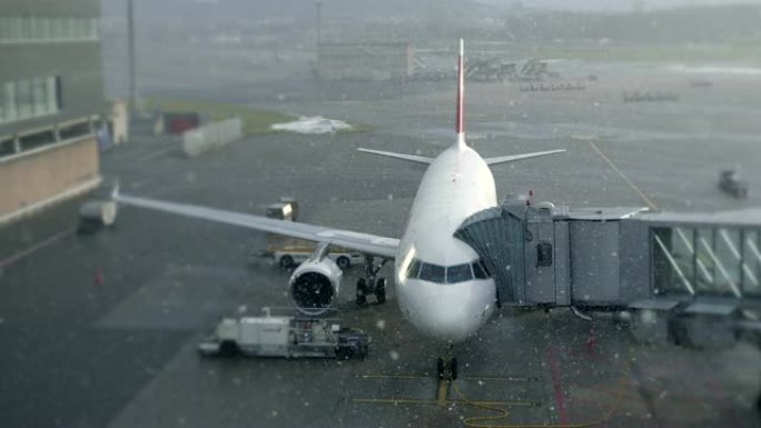 飞机站在机场候机楼上，雪花和寒冷的温度
