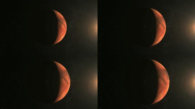 火星行星。从太空看。火星缓慢旋转。摄像机正在接近地球。星星闪烁。4K.太阳在右边
