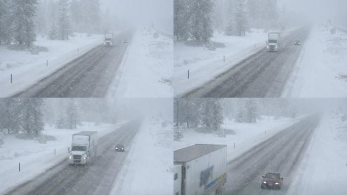 半卡车和汽车在恶劣的天气条件下沿着下雪的道路行驶。