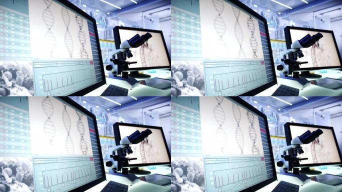 未来的实验室设备。计算机屏幕上的DNA研究