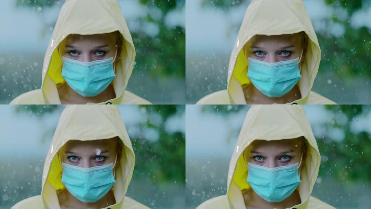 超级SLO MO覆盖雨水落在一个戴着口罩的雨衣女人身上