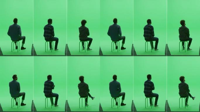 三合一绿屏拼贴画: 三个不同背景，种族，不同年龄，风格的英俊男人坐在色键椅子上。侧面背面视图分屏。多