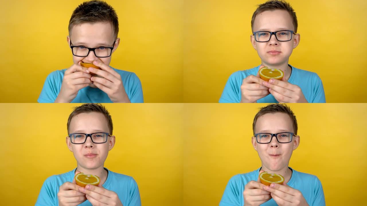 戴眼镜的男孩咬酸橙