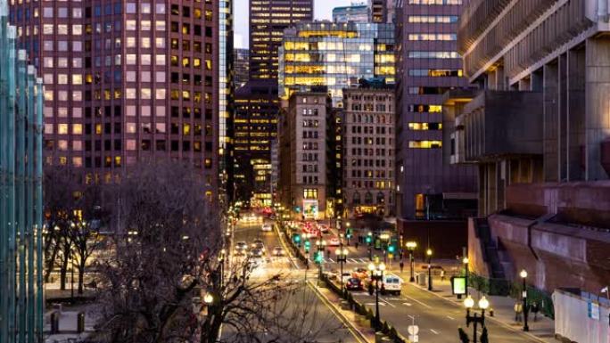 延时: 日落黄昏时美国马市中心波士顿市政厅和公共市场的鸟瞰图