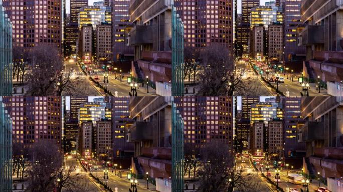 延时: 日落黄昏时美国马市中心波士顿市政厅和公共市场的鸟瞰图