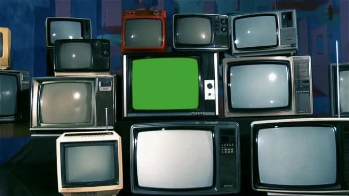 绿屏旧电视。蓝色钢调。