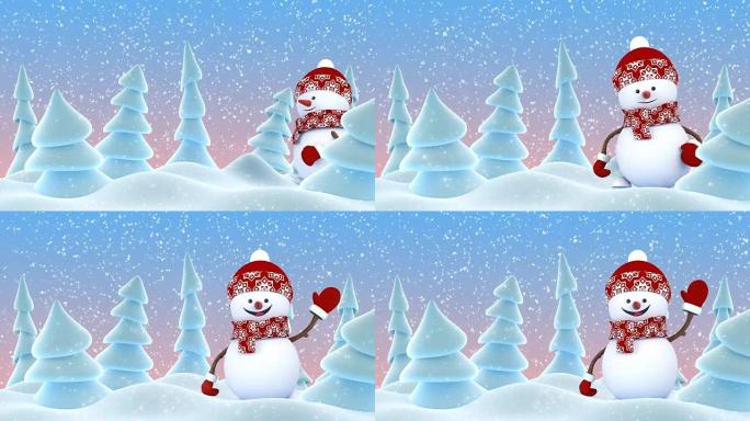 可爱的雪人戴着红色帽子，用手打招呼，在冬季森林降雪中微笑。美丽的3d卡通动画。动画贺卡。圣诞快乐新年