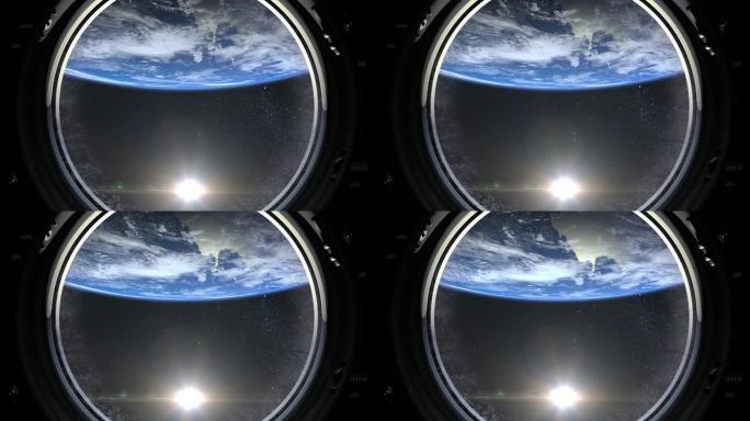通过宇宙飞船的大舷窗看到地球。国际空间站正在绕地球运行。现实的氛围。3D体积云。空间。国际空间站。4