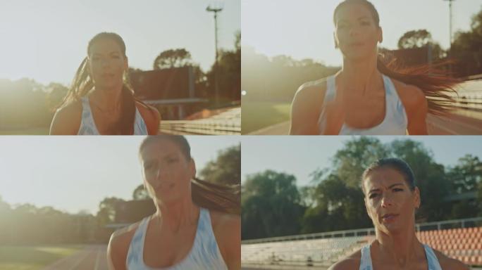 浅蓝色运动上衣的美丽健身女子在户外体育场慢跑。她在一个温暖的夏日下午跑步。运动员在赛道上进行体育练习