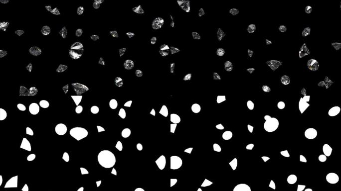 坠落闪亮钻石3d渲染黑色孤立背景，亮度哑光，无缝循环4k cg动画
