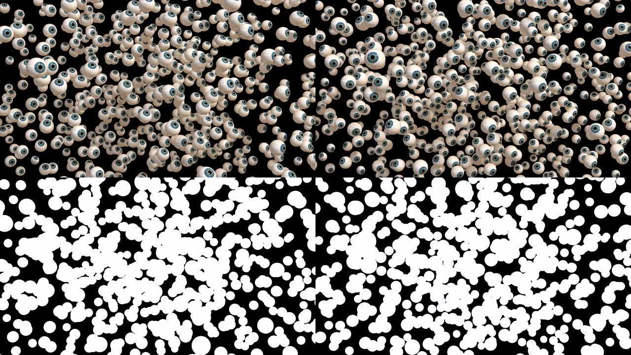 4K.黑色背景上的一组眼球的爆炸性外观与阿尔法哑光。