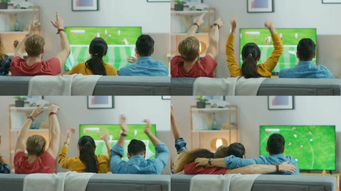 在家里，各种各样的体育迷坐在沙发上观看电视上的重要足球比赛，他们为球队加油，在球队进球后庆祝胜利。朋