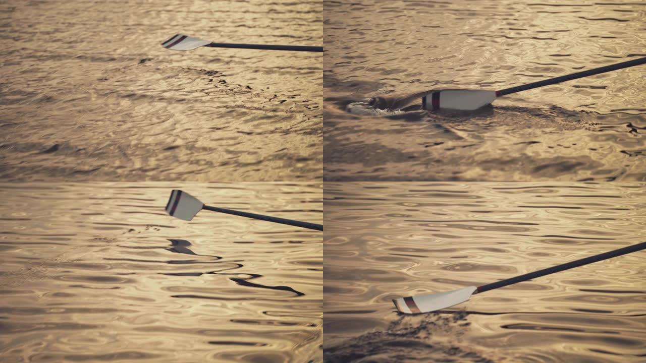 日落时在河里划桨划桨划水皮划艇