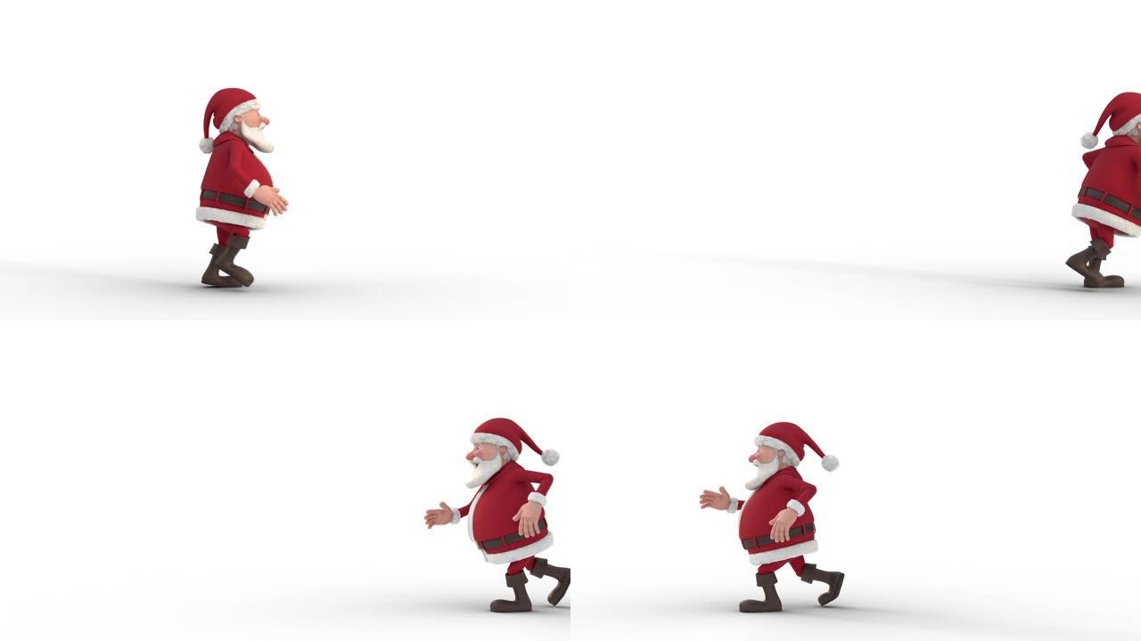 圣诞老人偷偷溜过屏幕。无缝循环3d动画。侧视图
