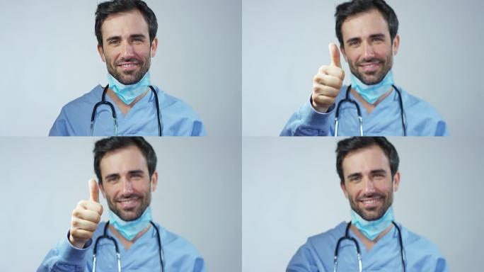 医生或外科医生的肖像，他看起来骄傲的房间，快乐和微笑的工作在诊所或医院。
