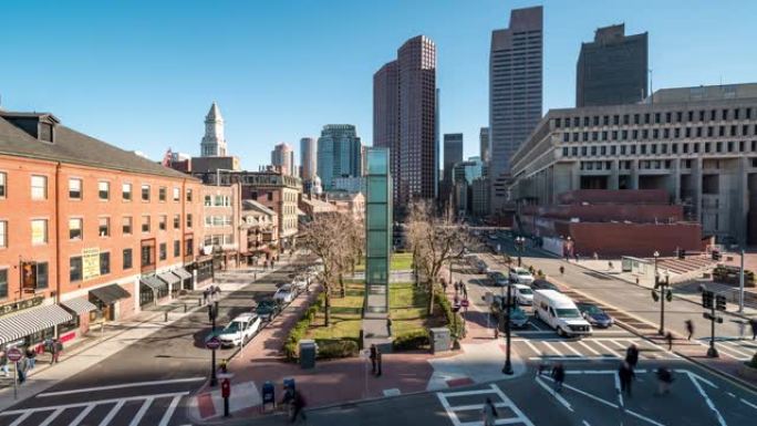 延时: 美国马市中心波士顿市政厅和公共市场的鸟瞰图