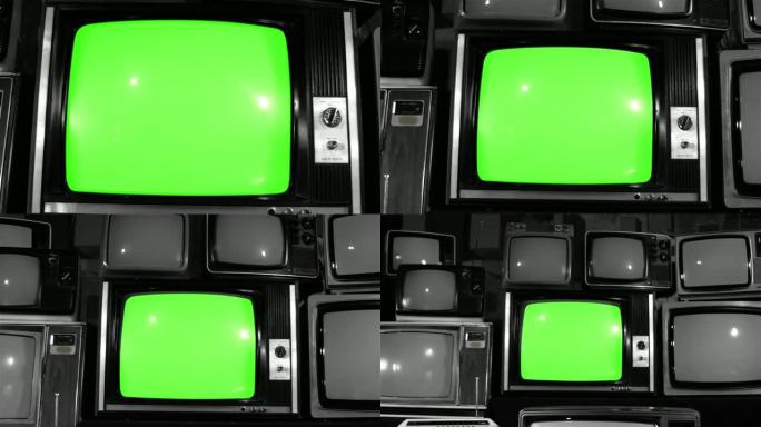 80年代电视绿屏与许多80年代电视。多莉出去了。黑色音调。
