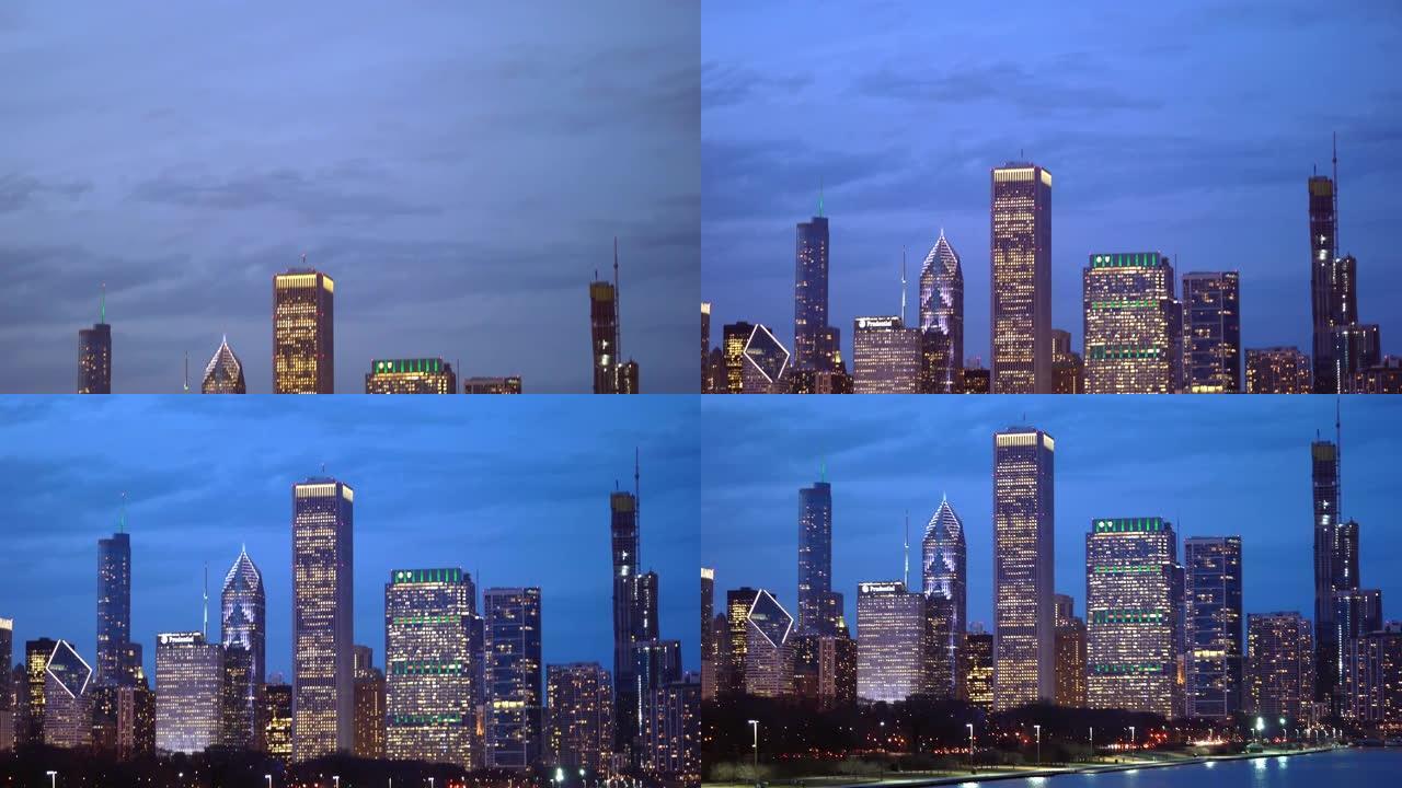电影倾斜芝加哥城市景观办公室天际线摩天大楼与密歇根湖