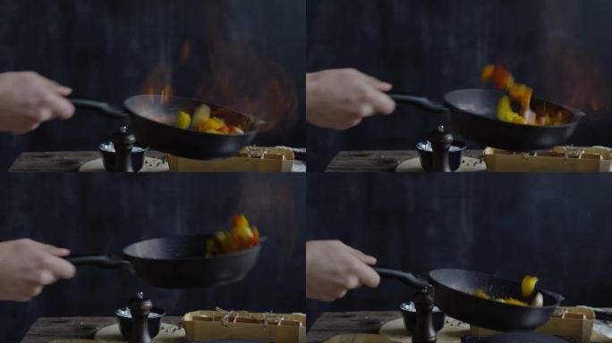 烹饪烤肉蔬菜做菜做饭炒菜翻炒炒锅