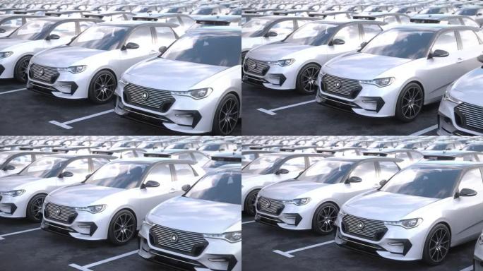 在大型存储停车场上沿着新的电动自动驾驶汽车进行跟踪拍摄