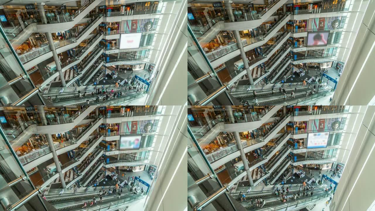 4k延时过渡自动扶梯倾斜下，购物中心快速移动，购物中心和旅游生活方式中的匿名人群拥挤
