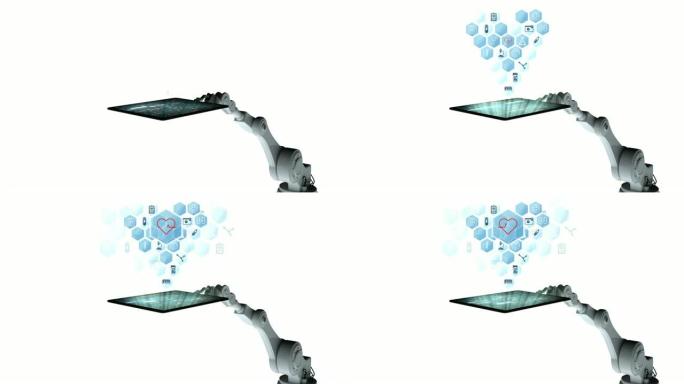 带有医疗图标的白色机械臂手持数字平板电脑的数字生成视频