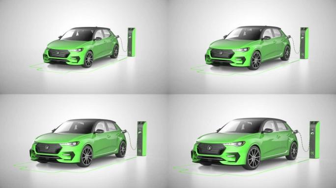 前变焦朝向在充电站充电的绿色电动自动驾驶汽车