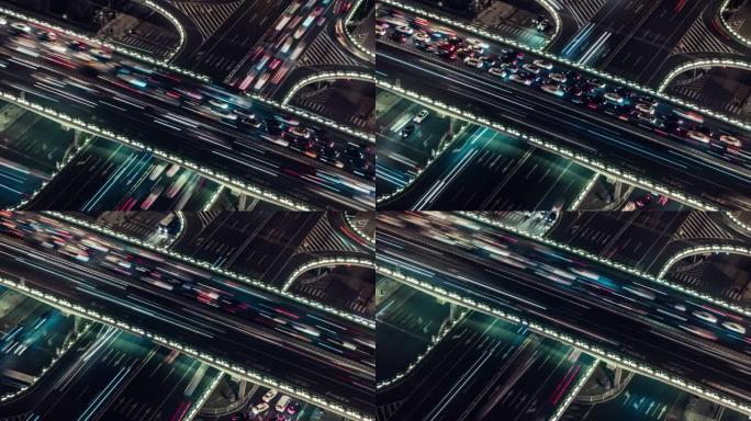 T/L TD无人机视图，夜间立交桥的光路/北京，中国