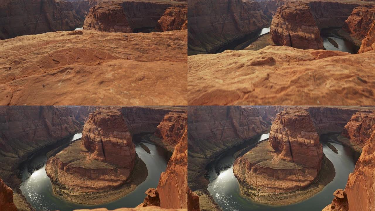 美国马蹄形弯的Steadicam镜头。橙色岩石和科罗拉多河。UHD, 4K