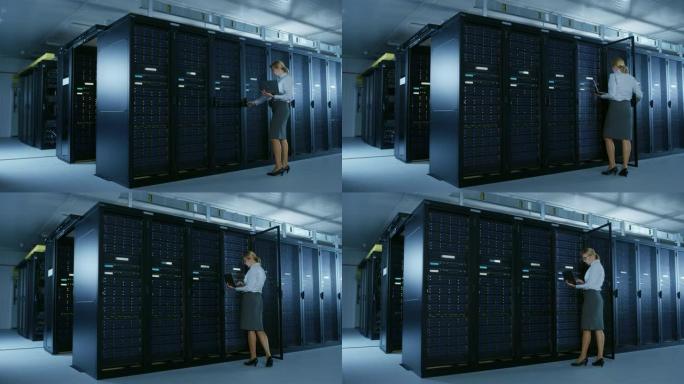 在数据中心: 女it技术人员打开机架式机柜并在笔记本电脑上运行维护程序，控制操作服务器的最佳功能。