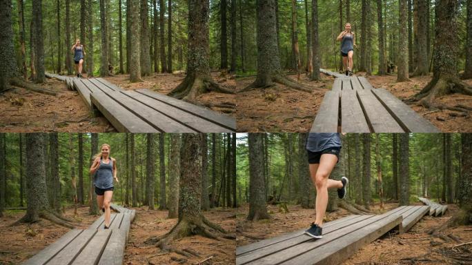 微笑的健康女人在大自然中奔跑，在美丽的夏日在森林中的木制小径上冲刺
