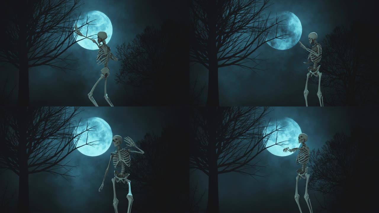 背景上的3d骨架满月夜空。月光。云和月亮，美丽的夜间幽灵般的无缝循环背景