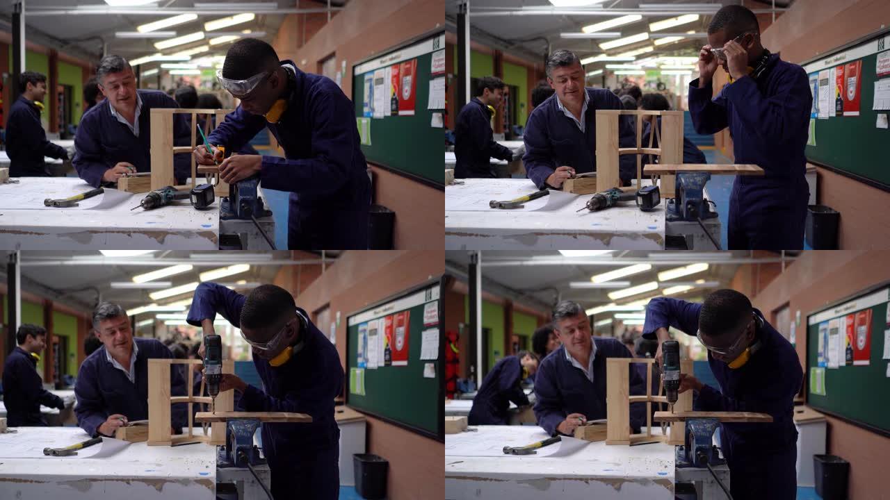 黑人年轻的大学生在老师监督时在印刷机上钻一块木头