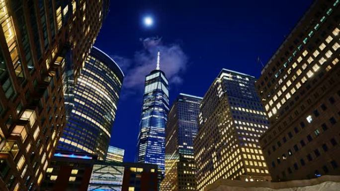 晚安。月亮。曼哈顿概念观。金融区