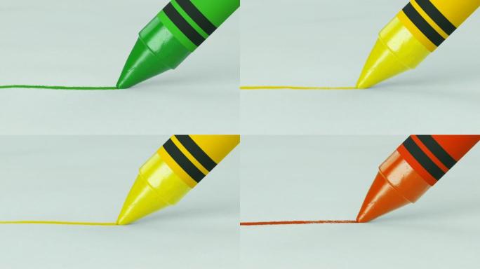 漂亮的蜡笔变色，纸上画线特写。循环3d动画。抽象的写作和绘画过程。艺术和设计概念。